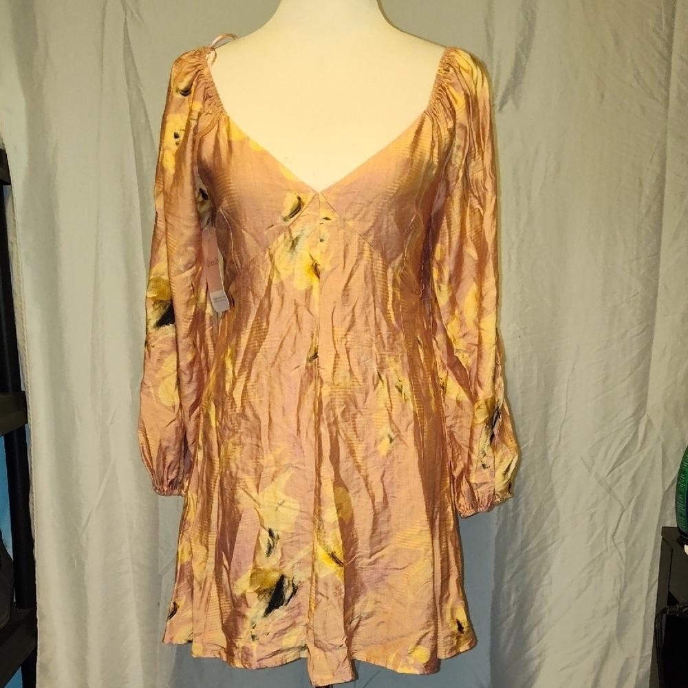 Millibon Median Elegant Pink Floral Women's Dress With Balloon Sleeves